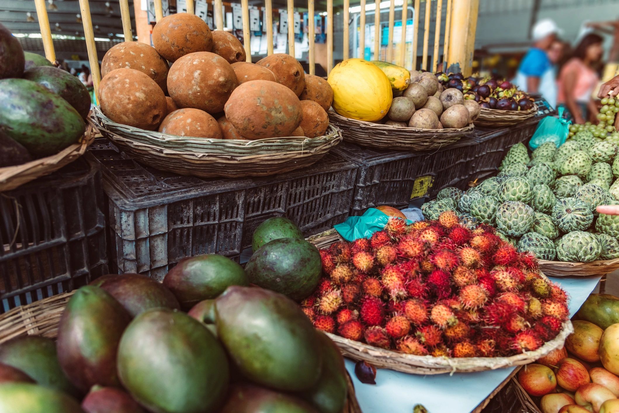 Baskets of fruit at a market stall