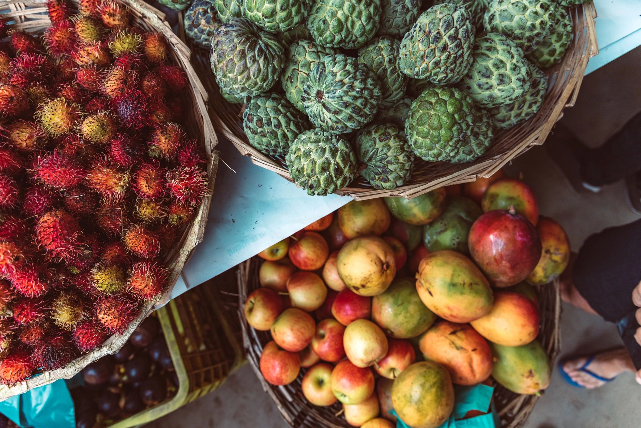 Overhead view of baskets at a market stall