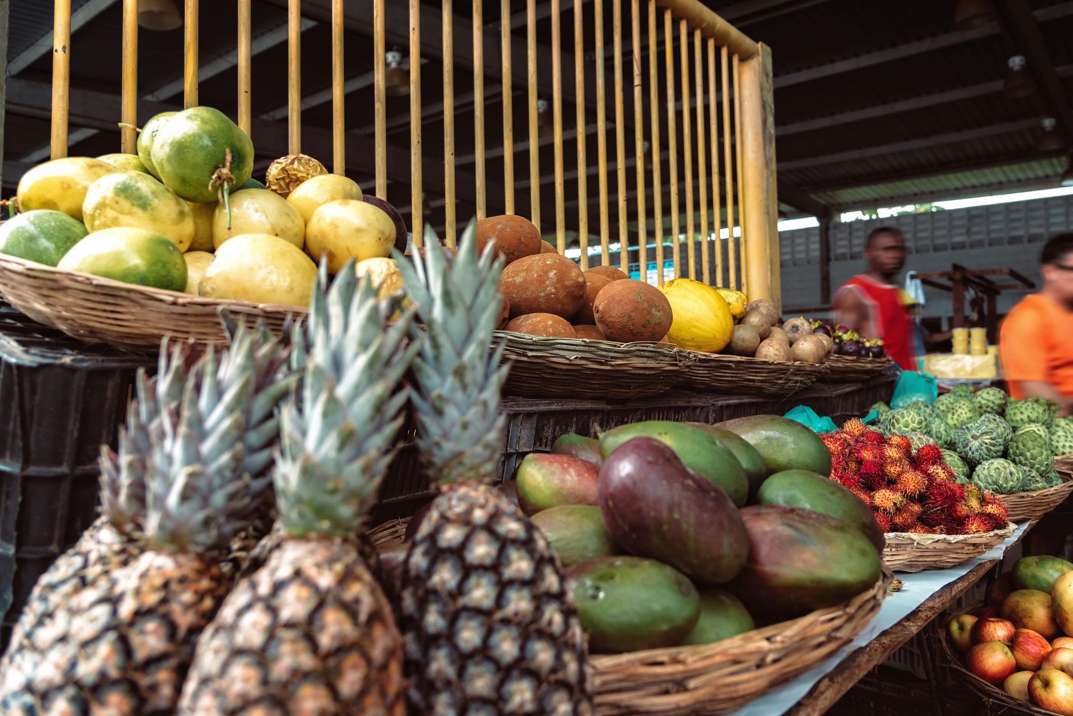 Market stall with baskets of fruit